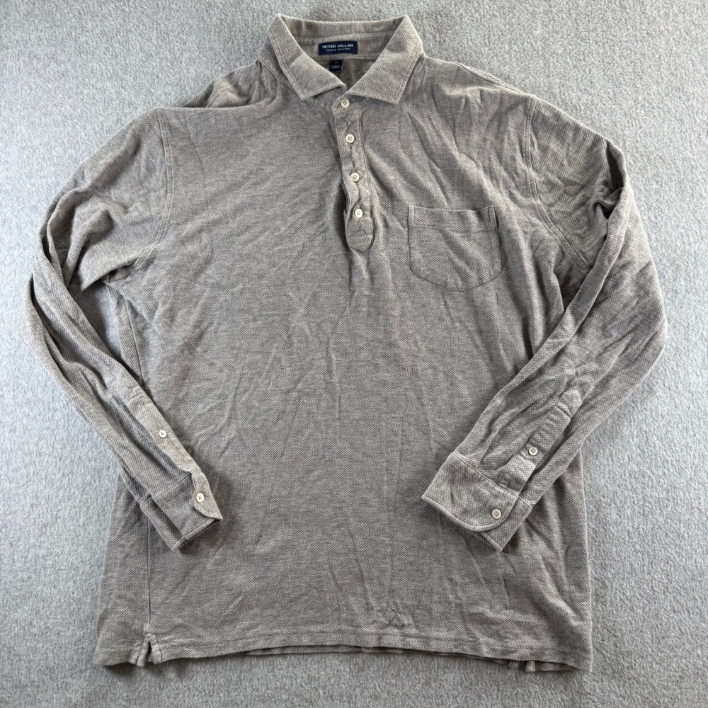 Peter Millar Crown Crafted Mens XL Grey Cotton Cashmere Long Sleeve Polo Shirt